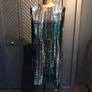 -EUC COS sleeveless knee length printed dress with cape detail